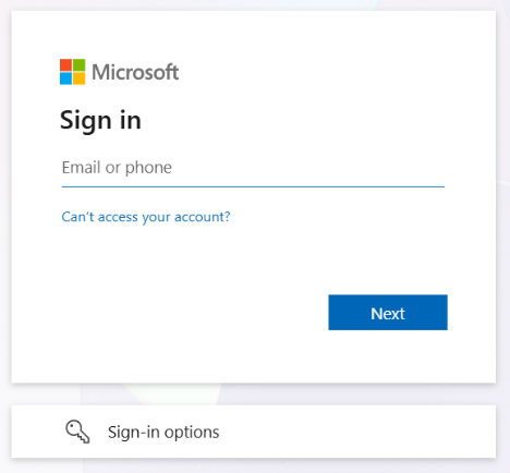Microsoft Sign In page with Email or phone field and Next button