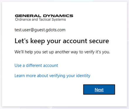 Let's keep your account secure prompt with Next button