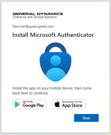 Install Microsoft Authenticator page with Google Play and App Store links
